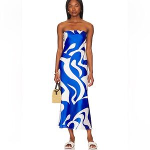 SNDYS Angel Dress Blue Swirl Strapless midi Revolve resort NWT XXS